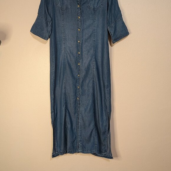 Chico's Shirt Dress Size 0P Petite Long Maxi Button-Front Jean Blue Size 4 - Picture 3 of 11